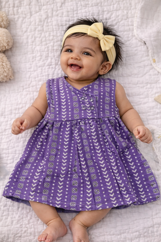 Infant Muslin Frocks (Lavender White Dots)