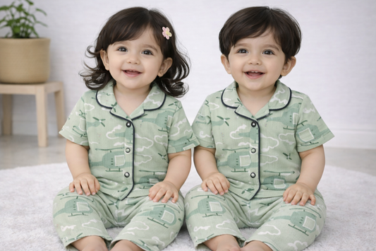 Premium Half Sleeves Collar Ribbed Tshirt with Pant (Light Green Helicoptor)