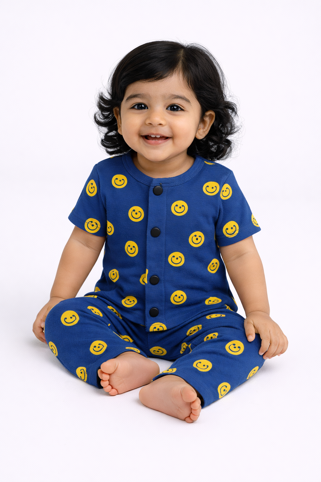 Front Open Half sleeves Cotton Tshirt with Pant (Navy Blue Smiley)