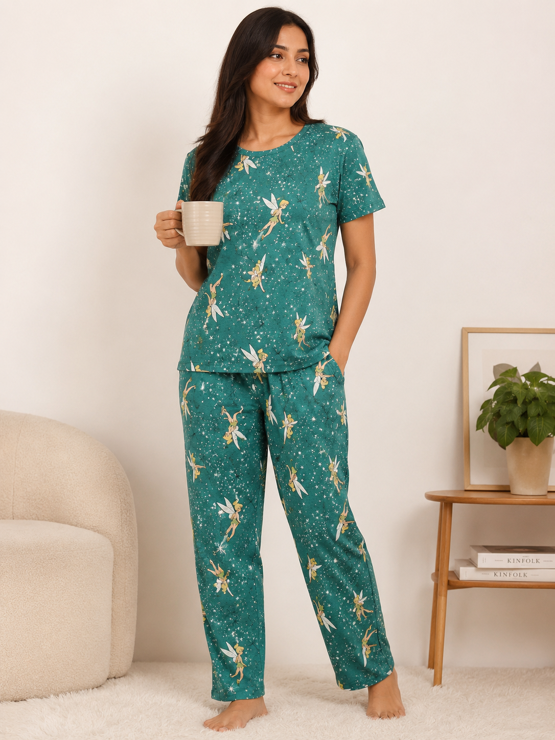Women's Premium Cotton T-Shirt & Pant Co-Ord Set Lounge Wear With Pocket (Green Ballet)