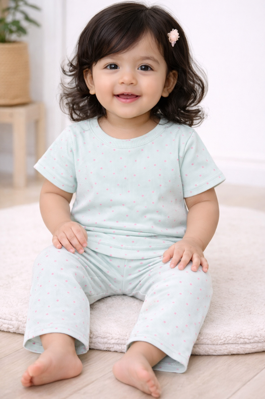 Premium Ribbed Half sleeves Tshirt with Pant (Clam & Catchy Blue Stars)