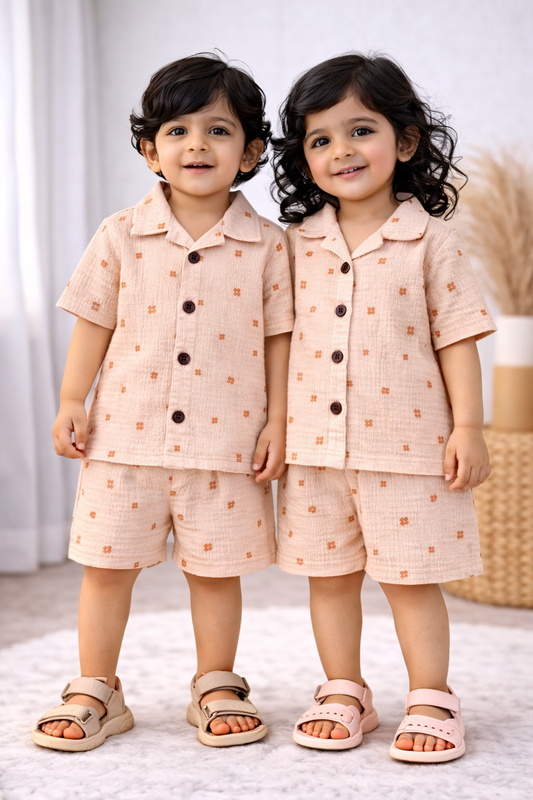Airport - Crinkled Front open Tshirt with Shorts Sets (Peach Flower)