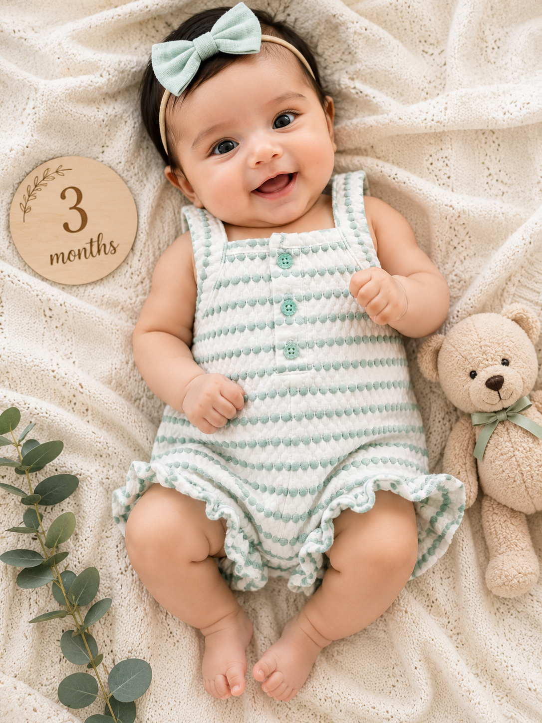 Infant Rompers for Photoshoot (White Green  Stripes)