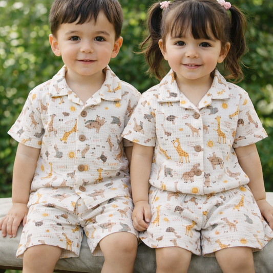 Crinkled Front open Tshirt with Shorts Sets (I Love You Animals)