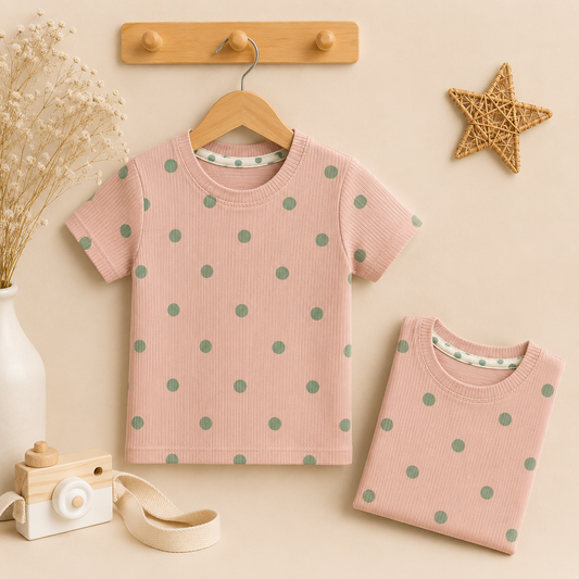 Premium Half  Sleeves Ribbed  Tshirt (Peach Green  Polka)