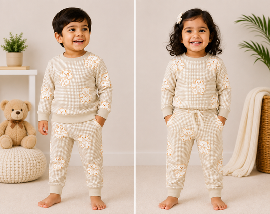 Premium Winter Full Sleeves T-Shirt with Pant (Cream Check Panda)