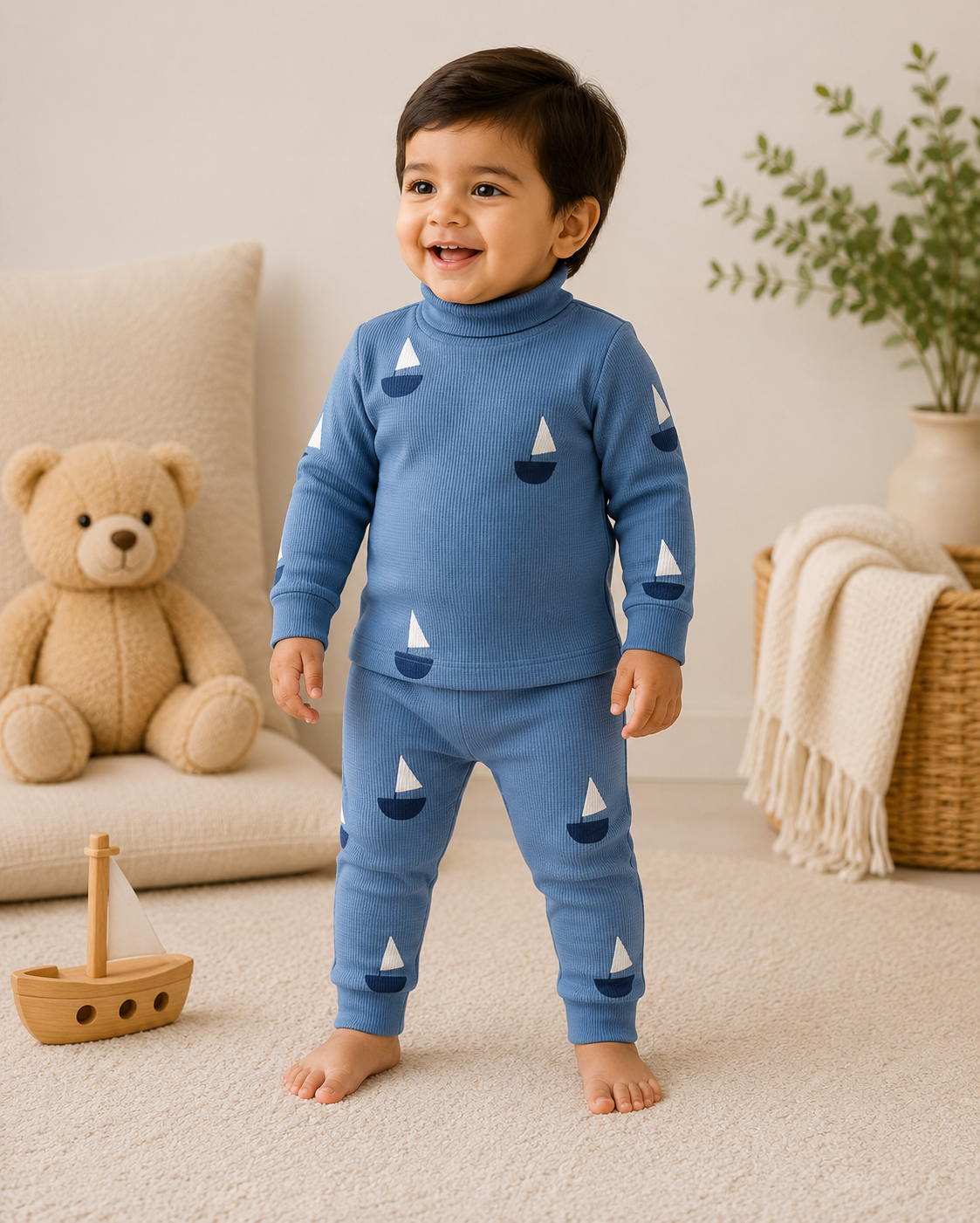 High Neck Ribbed  Full sleeves Tshirt with Pant (Navy Boats)