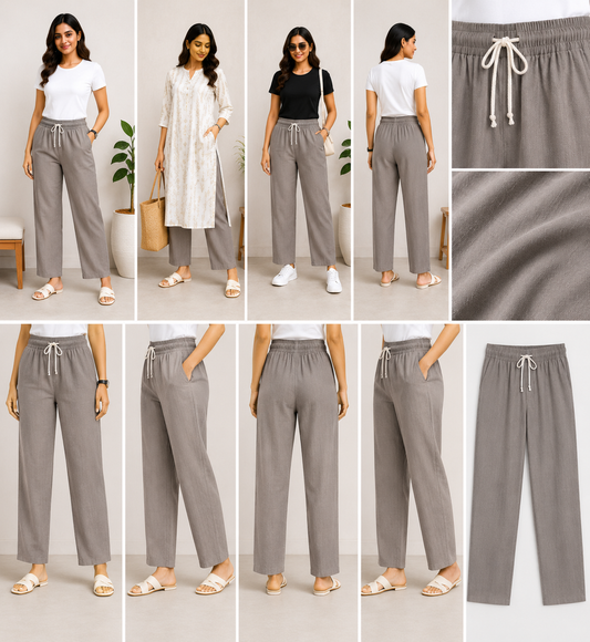 Linen Cotton Straight Pants for Women (Warm Taupe)