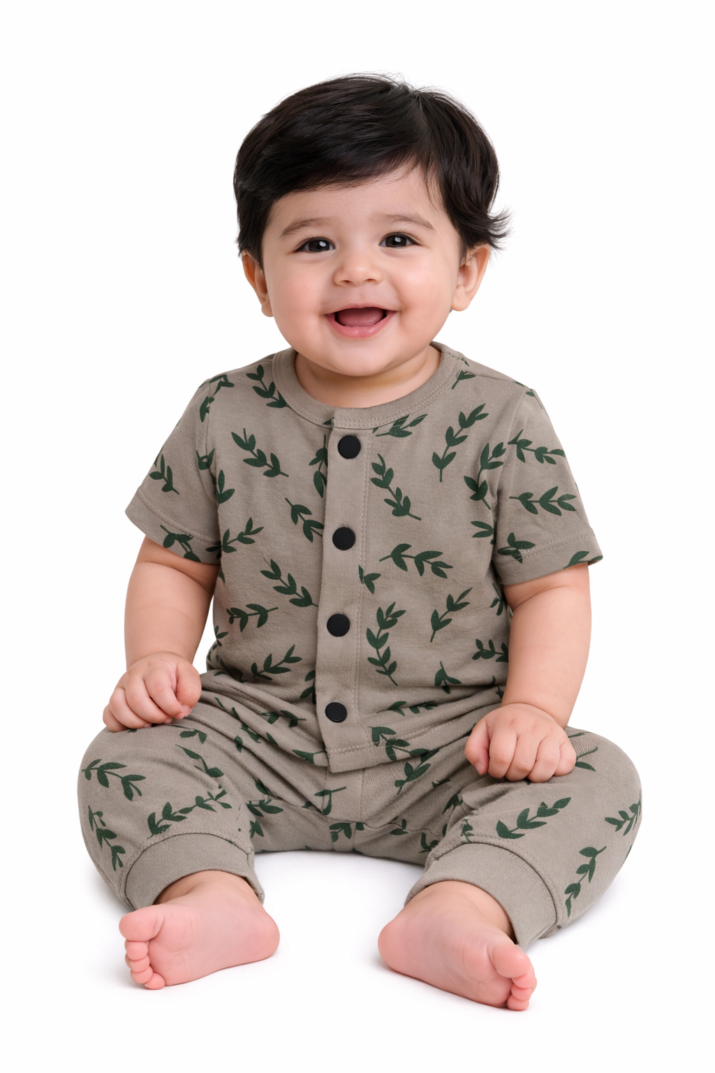 Front Open Half sleeves Cotton Tshirt with Pant (Ash & Green Leaf)
