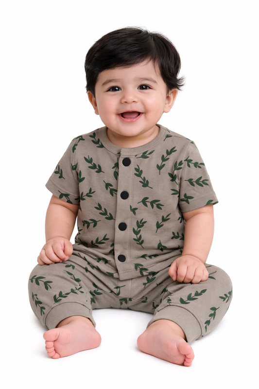 Front Open Half sleeves Cotton Tshirt with Pant (Ash & Green Leaf)