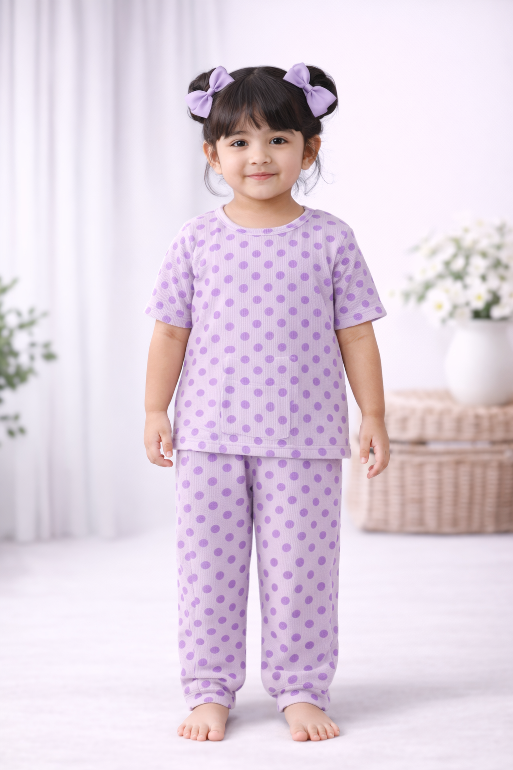 Premium Ribbed Half Sleeves Pajama Set (Purple Polka)