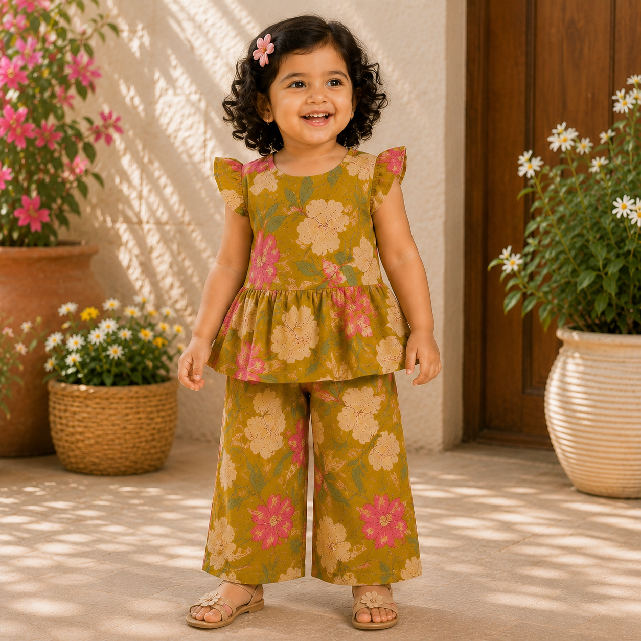 Girls Casual Cotton Printed Semi- Peplum Top & Pant Co-ord Set (0-11 Yrs) (C039)