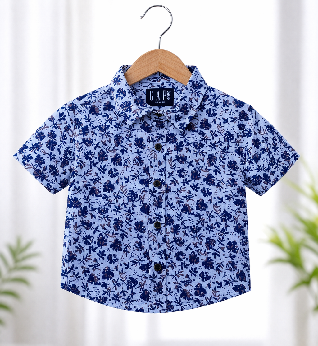 Airport - Premium Casual Cotton Front open Shirt (White and Blue Flower)