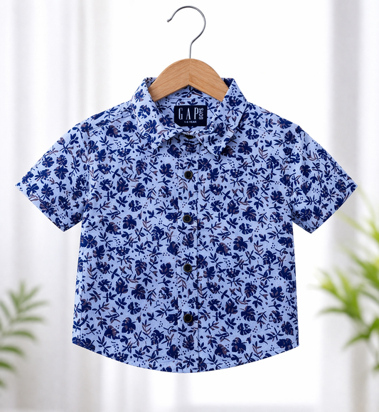 Airport - Premium Casual Cotton Front open Shirt (White and Blue Flower)