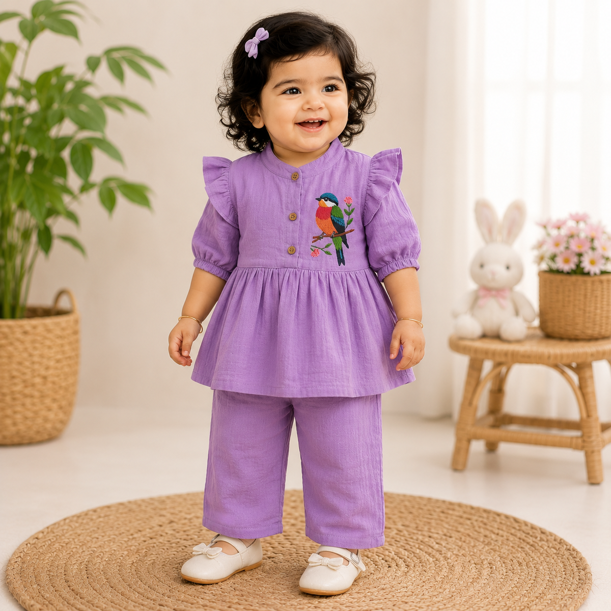 Airport - Kids Muslin Print  Balloon Sleeves Frock With Pant ( Orehid  Kuruvi 5)