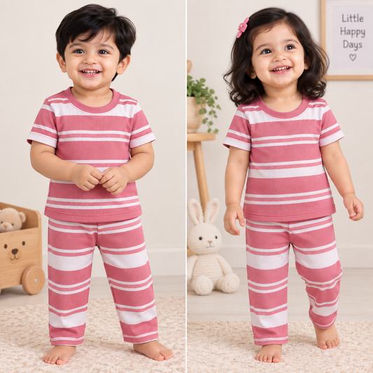 Half sleeves Tshirt with Pant (Pink White Stripes)