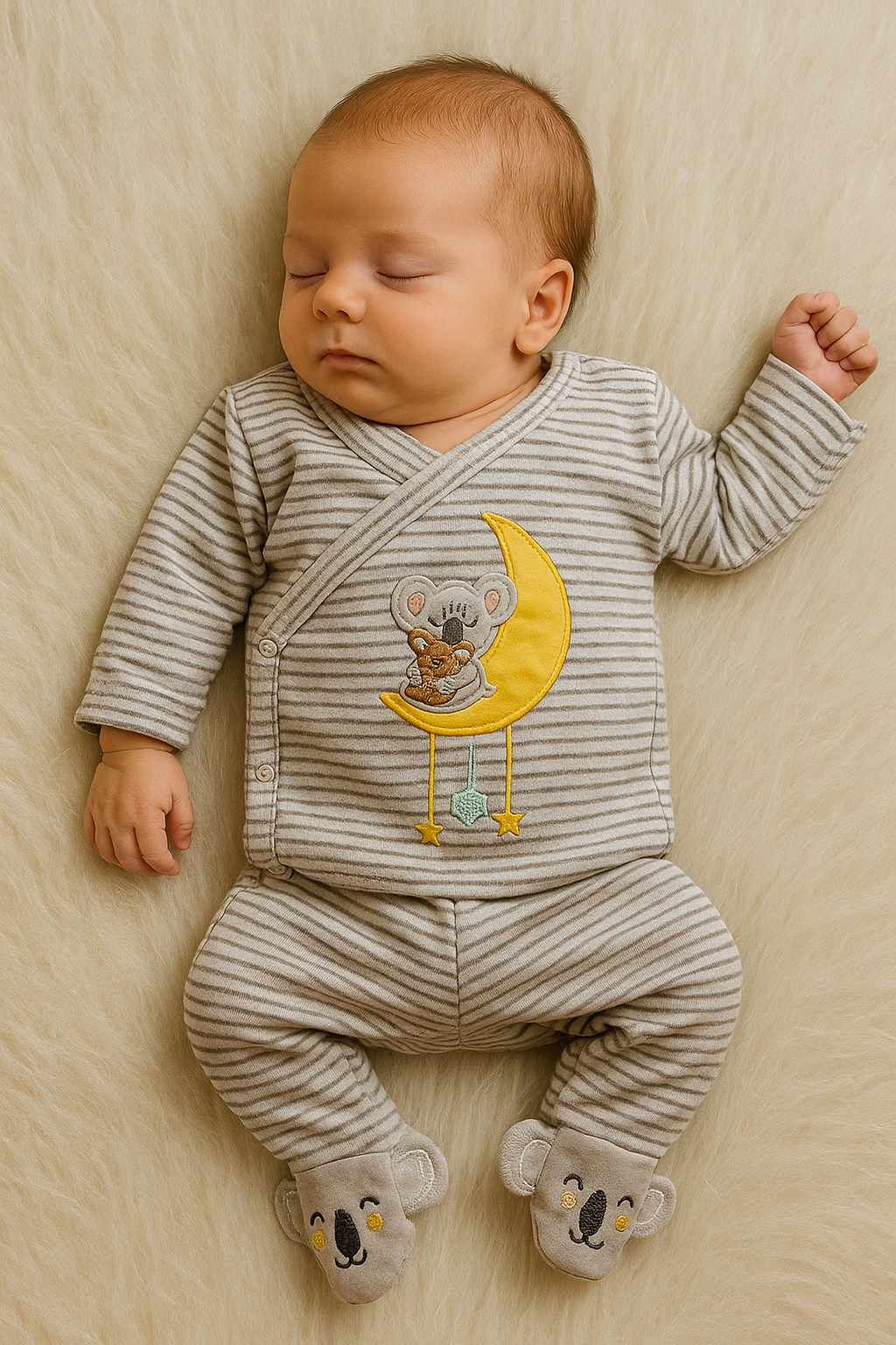 Infant Side Open Full sleeves Cotton Tshirt with Pant (Koala Brand) (Mom & Baby Teddy with Moon)