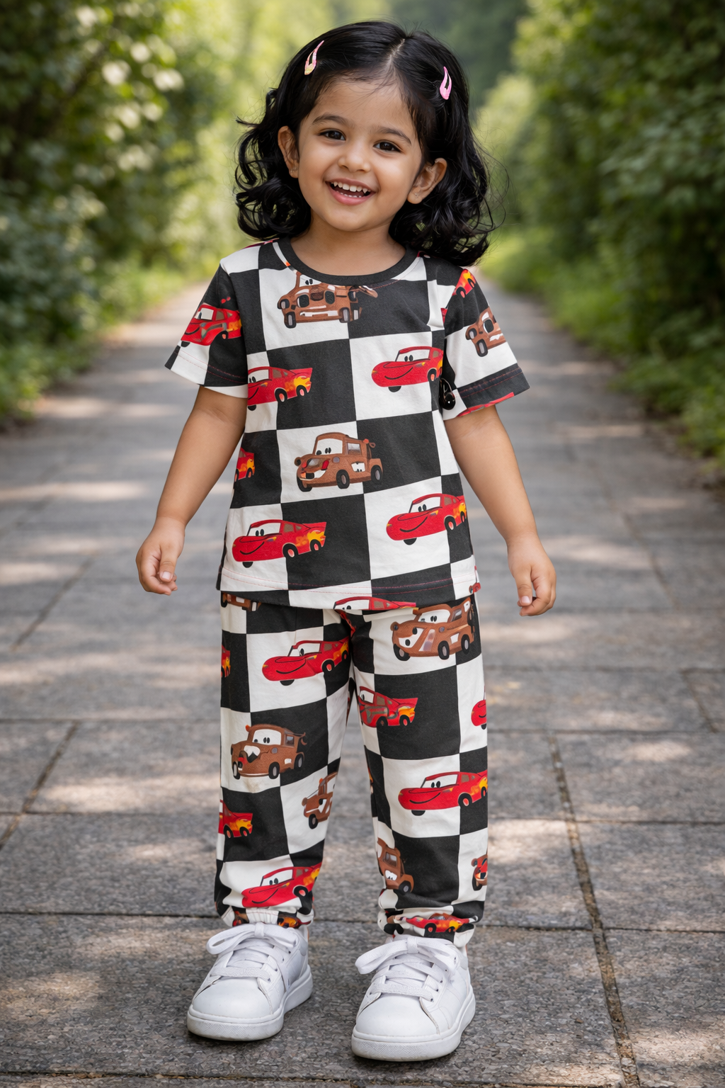 Premium Ribbed Half Sleeves Pajama Set (Black White Red Car)