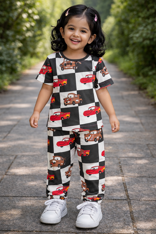 Premium Ribbed Half Sleeves Pajama Set (Black White Red Car)