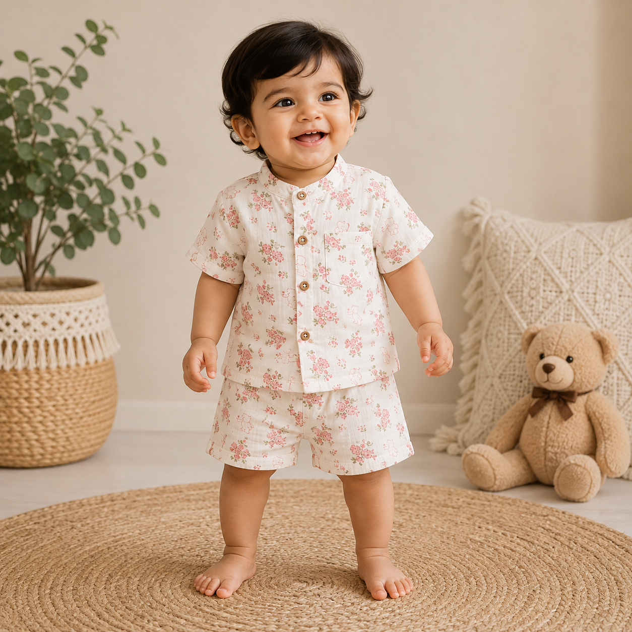Airport - Kids Muslin Co-ord Set – Front Open Collar Shirt & Shorts (Flower & Small Teddy)