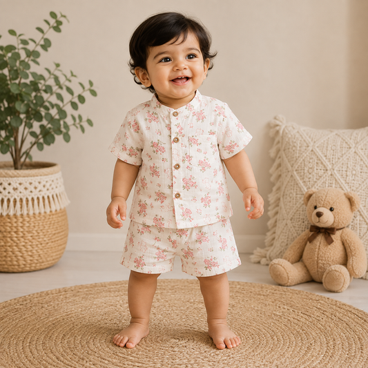 Airport - Kids Muslin Co-ord Set – Front Open Collar Shirt & Shorts (Flower & Small Teddy)