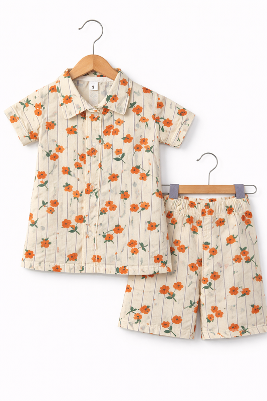 Airport - Kids Muslin Co-ord Set – Front Open Collar Shirt & Shorts (Mustard String Flowers)