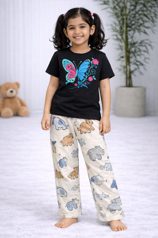 Premium Cotton Contrast Half Sleeves Pajama Set (Black Butterfly -Animal)