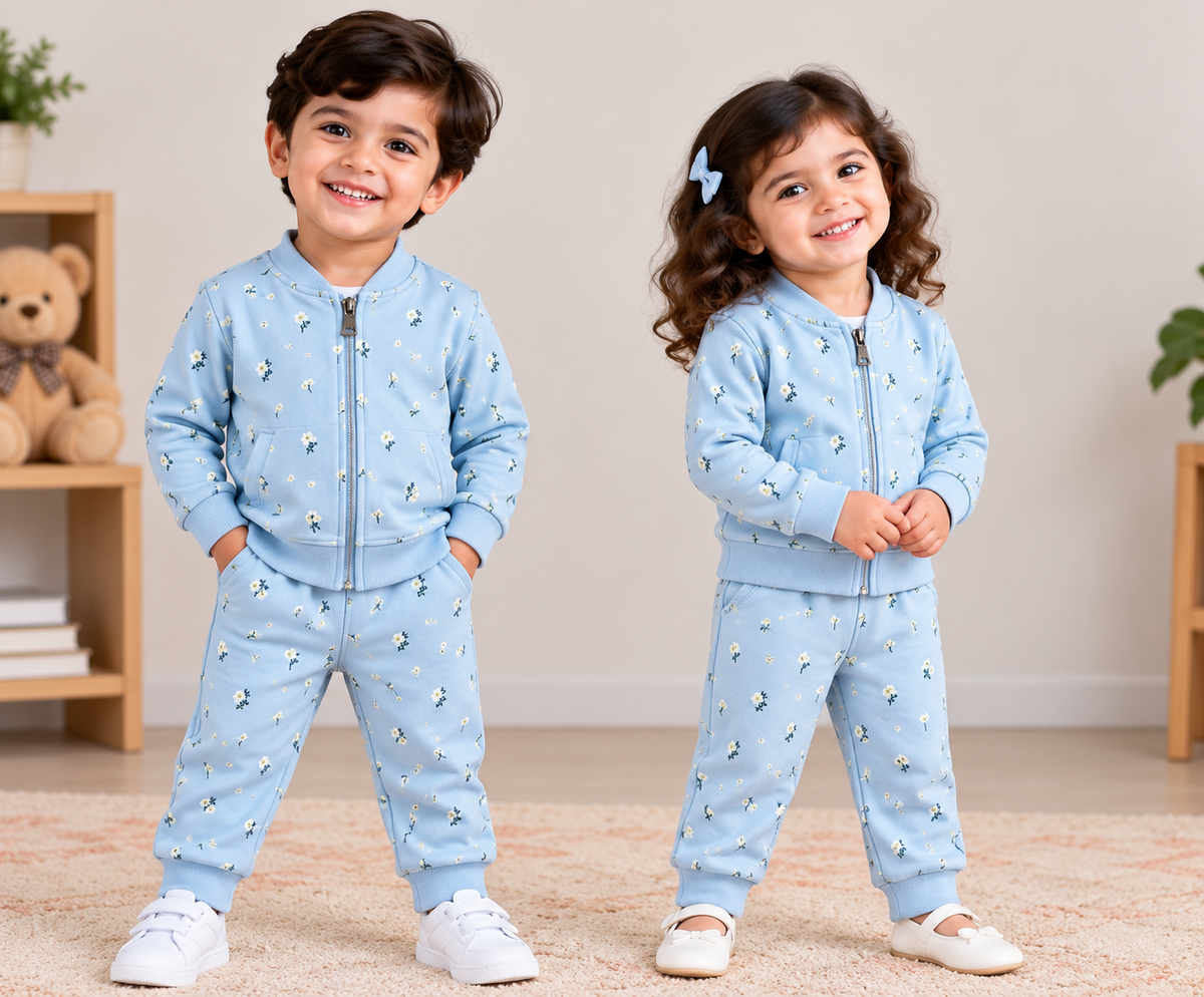 Kids Loopknit Winter Set – Full-Zip Top & Pants, Light Blue Yellow Flower  (FZ012)