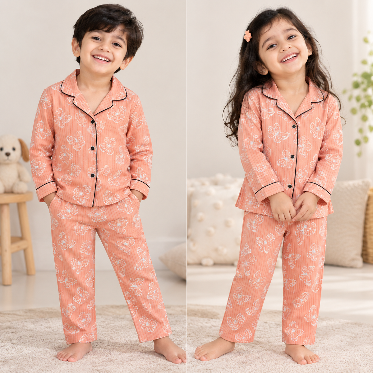 Premium Ribbed Collar full Sleeves Night Suit Sets (Light Orange Butterfly)