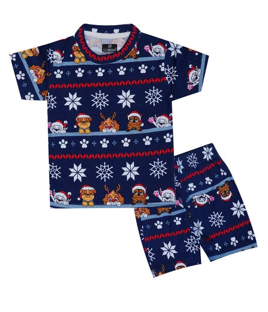 Shorts Sleeves Tshirt with Shorts Sets (Blue Christmas) - sanright