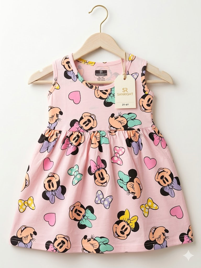 Sleeveless Cotton Frocks ( Pink mickly & Bow)