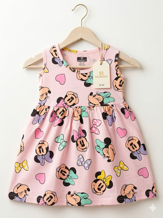 Sleeveless Cotton Frocks ( Pink mickly & Bow)