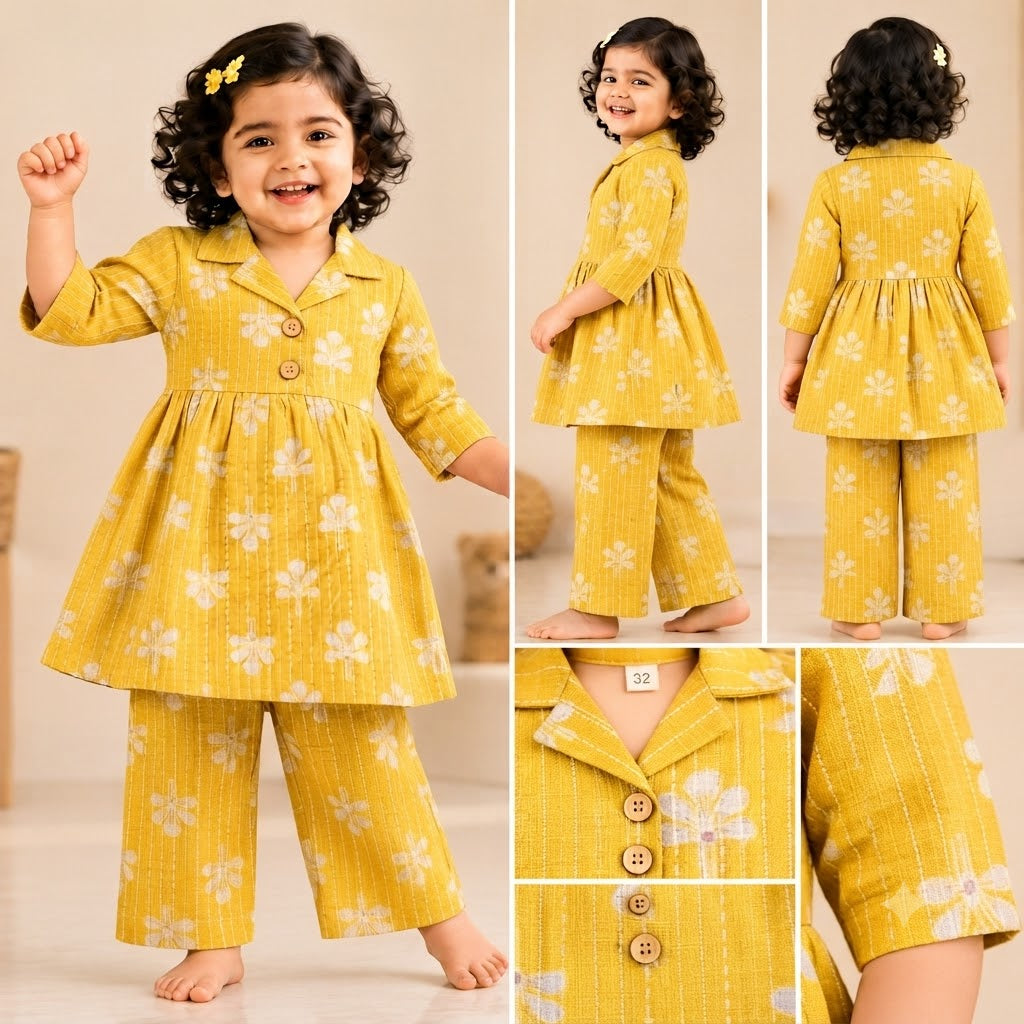 Girls Cotton Peplum Top & Pant Co-ord Set – Glitter Yellow (CP108) (Pre-booking)